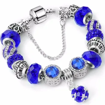 

European Style Vintage Silver plated Crystal Charm Bracelet Women fit Original DIY Pa Bracelet Jewelry Gift