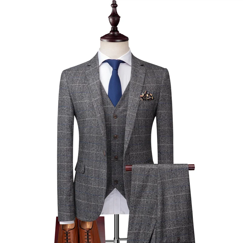 Plyesxale корейский Клетчатый костюм для мужчин Slim Fit 3 шт. Свадебный костюм для жениха брендовая одежда мужской деловой костюм высокого качества Q183 - Цвет: Серый