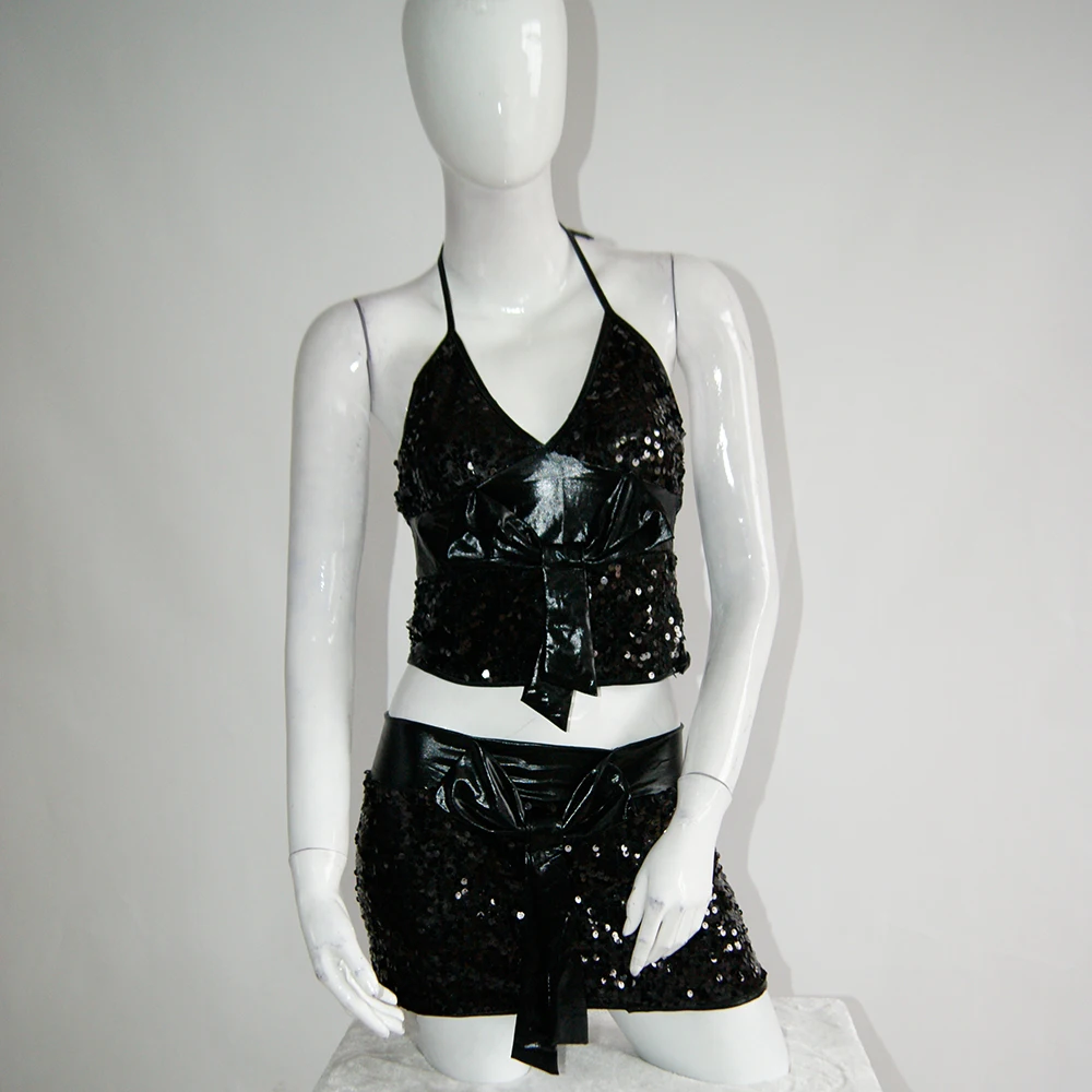 2 Pcs Clubwear Sexy Outfits Black Halter Shiny Sequin Mini Dresses Women Pole Dancing Club Party Dress Robe Femme (4)