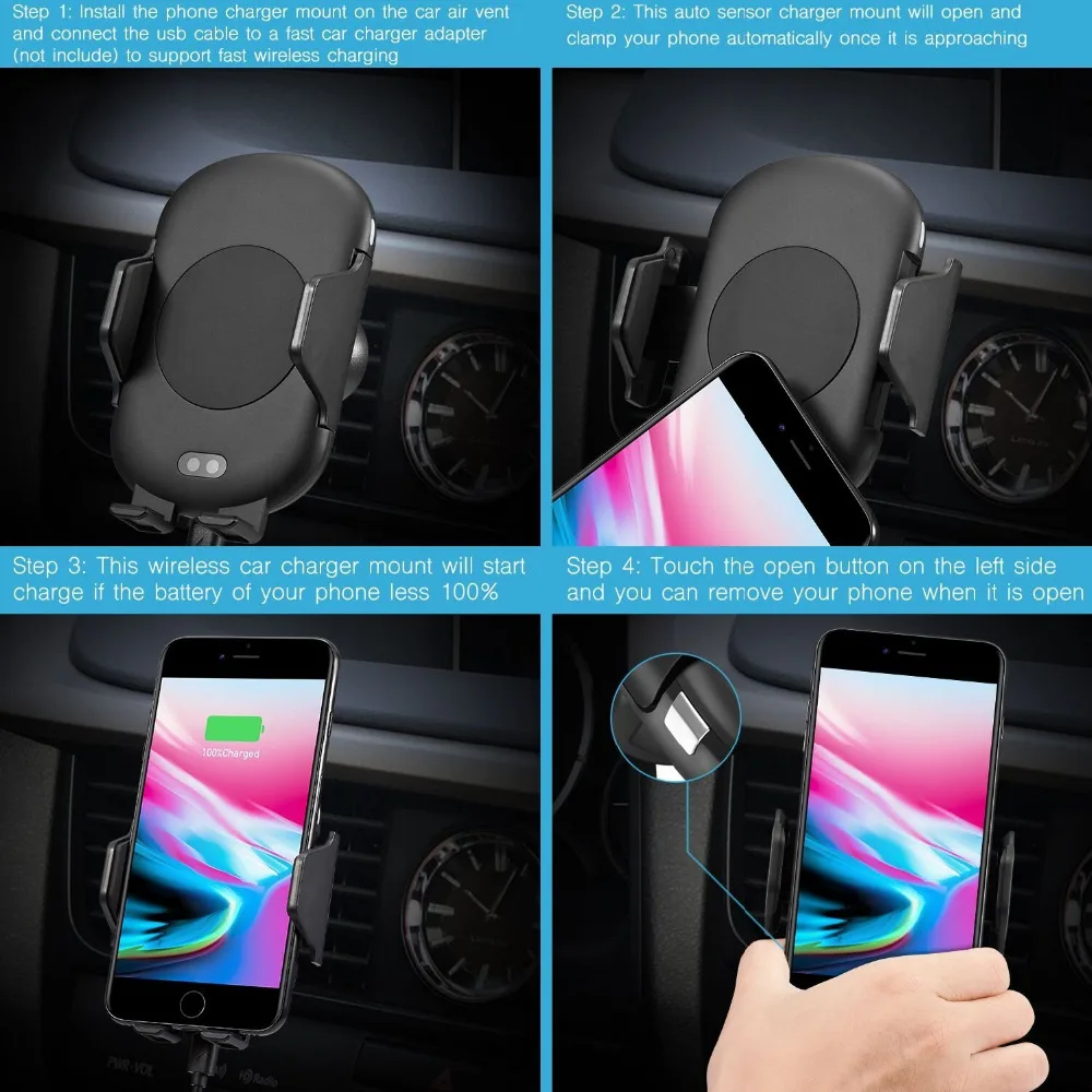 Fdgao Qi Беспроводное Автомобильное зарядное устройство Автоматическое инфракрасное крепление датчика Быстрая зарядка держатель для iPhone 11 Pro X 8 XS Max XR samsung S8 S9
