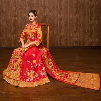 

Chinese Royal Wedding Cheongsam Vintage Women Marriage Suit Phoenix&Floral Embroidery Qipao Red Asian Bride Dress Vestidos