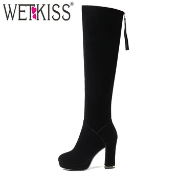 

WETKISS High Quality Elegant Ladies Flock Knee Boots Thick High Heels Winter Short Plush Platform Boots Zipper Women Shoes Black