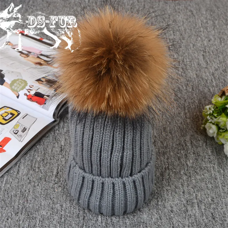 Real Raccoon and fox fur ball cap pom poms winter hat for women girl s hat