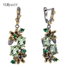 Beautiful Dangle Earrings Light Oval Green Cubic Zirconia Stones Flower Leaf Jewellery Black Gold color Jewelry Drop earring extremely attractive dangling earring blue green and clear oval cut stones of cubic zirconia big round dangle pendant earrings