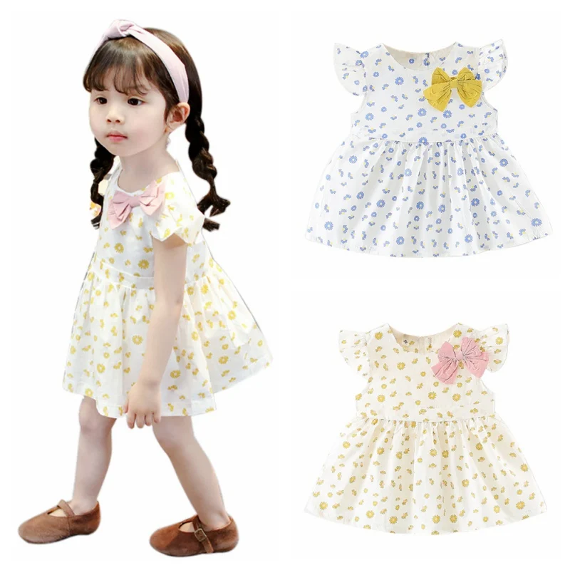 Baby Dress For Girls Dresses 2018 Baby Clothing Summer Girl Pure Ribbon Bow Flower Print Dress Kids Baby Clothes A