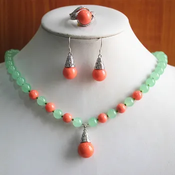 

best gift jewelry set!Wholesale factory price Women's light green jade red Natural /pearl Necklace earring ring(7/8/9) set #114