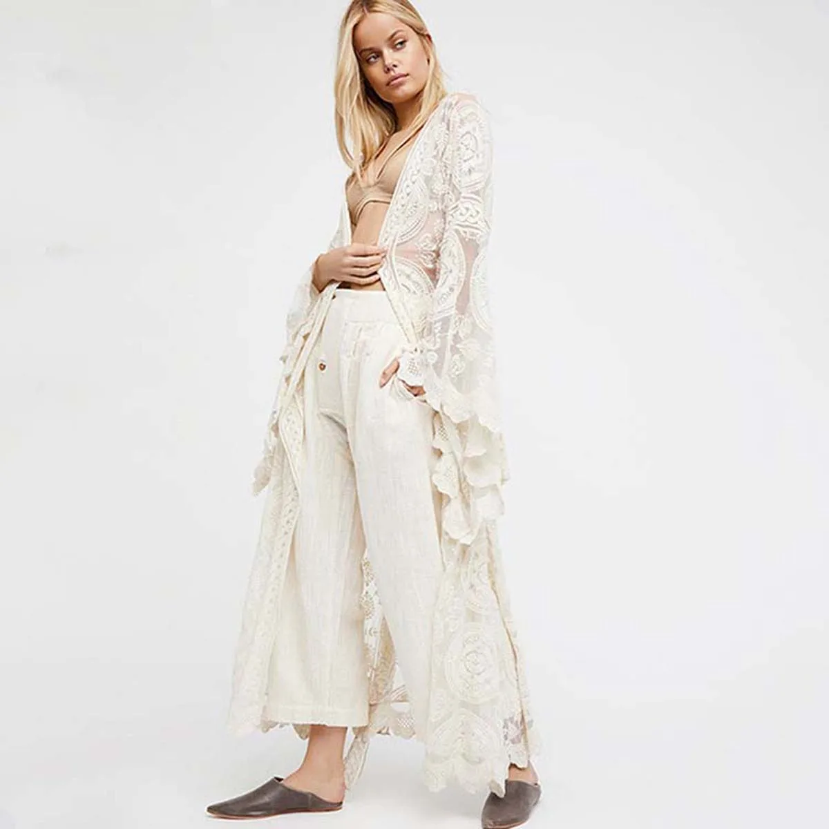 Günstig Jastie Mandala Mantra Kimono Sommer Boho Spitze Strand Cover up Bademode Lange Strickjacke Jacke Glocke Hülse Casual Frauen Jacke hemd
