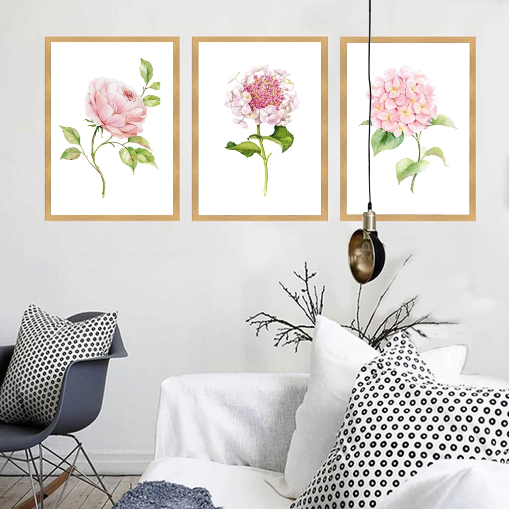 Современная акварельная картина на холсте с принтом китайской розы, гортензии, макрофиллы и редких цветов, Настенная картина для столовой