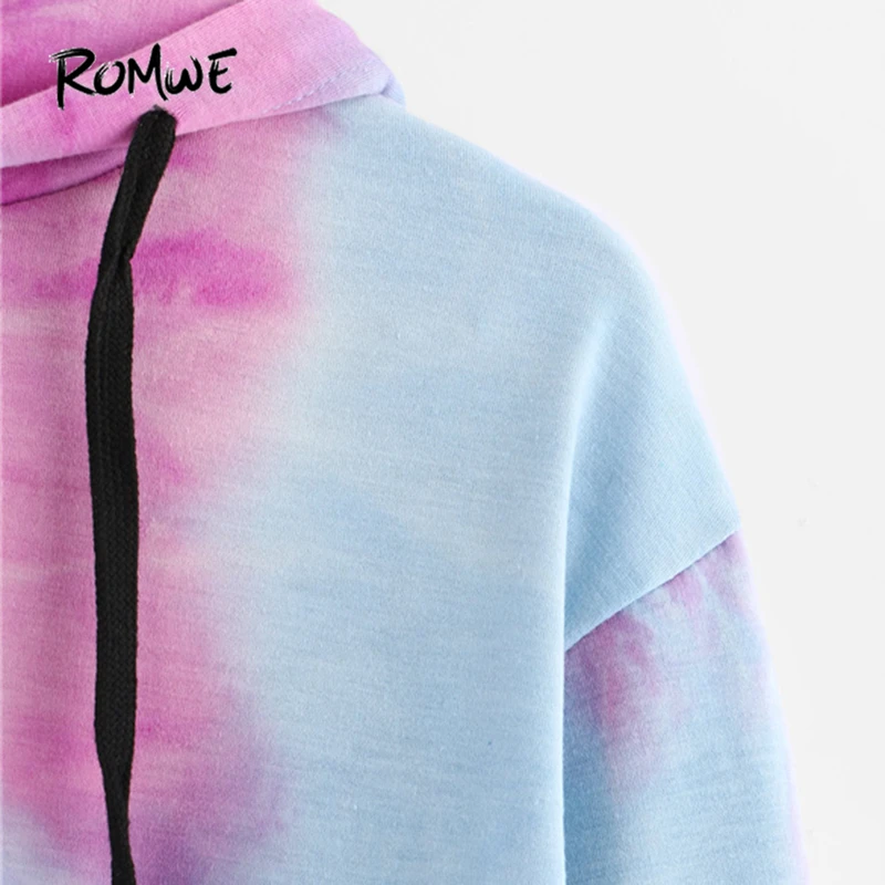 ROMWE Water Color Crop Hoodies Multicolor Casual Women Drawstring Hooded Sweatshirt Autumn Tie Dye 