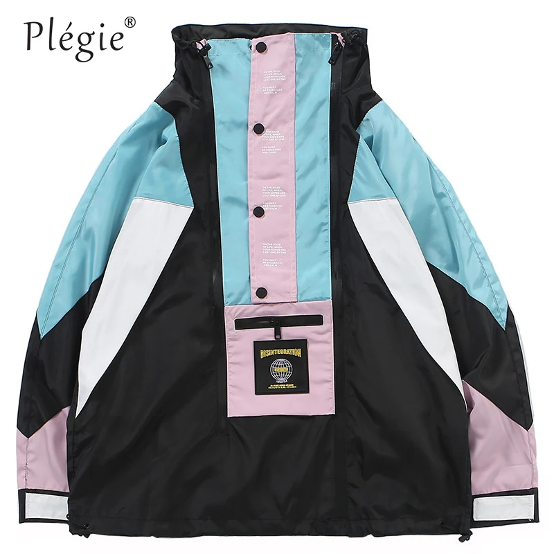 Plegie Harajuku Jacket Men HipHop Streetwear Retro Jacket Windbreaker Pocket Spring 2019 Vintage Color Block Track Jacket Zipper