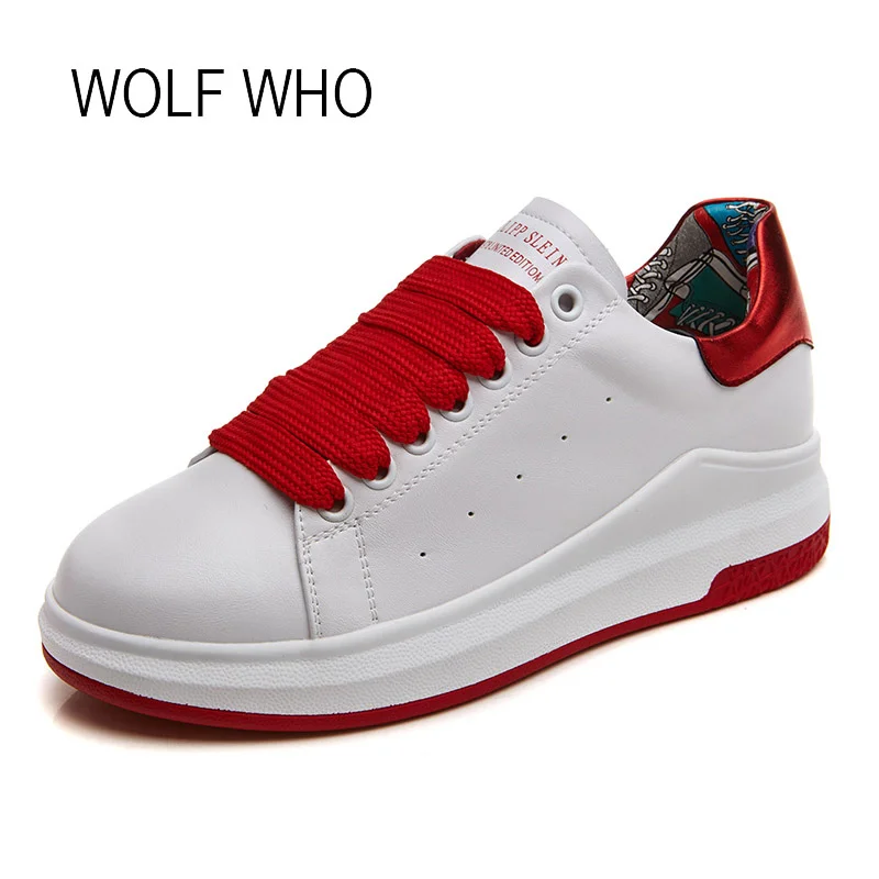 

WOLF WHO 2018 Autumn White Women Platform Sneakers Ladies Leather Shoes Female Krasovki Tenis Femininos Casual H-434