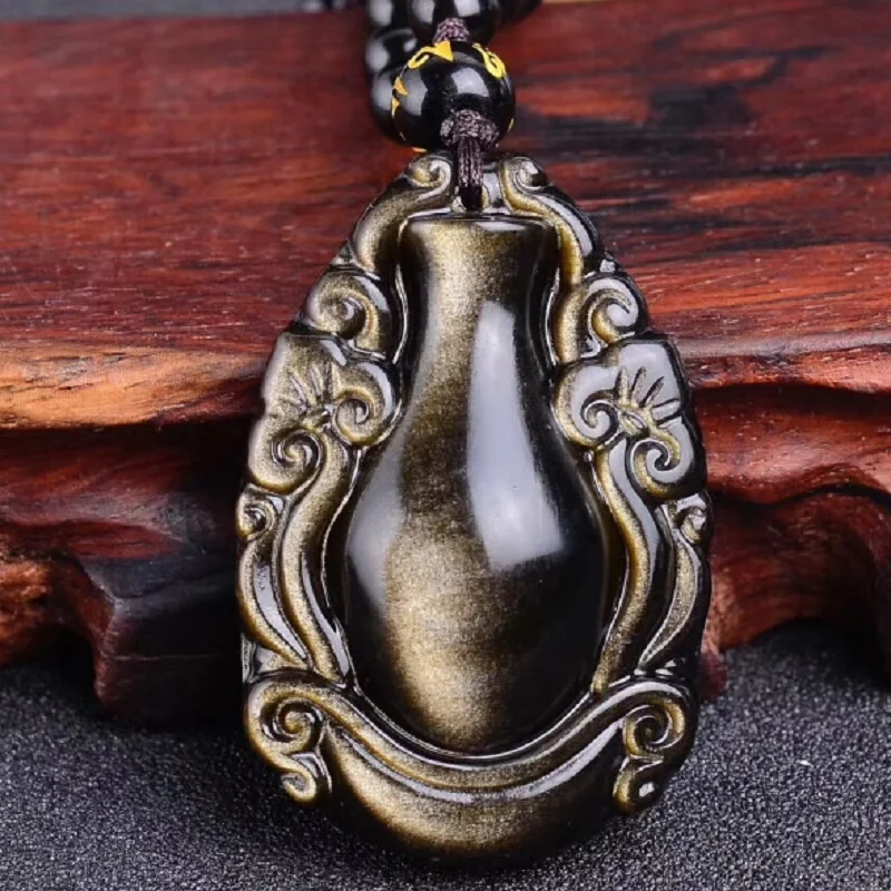 

High Quality Obsidian Pendant Wholesale Natural Gold Obsidian Jewelry Bottle Pendant with Free Beads Necklace for Male or Female