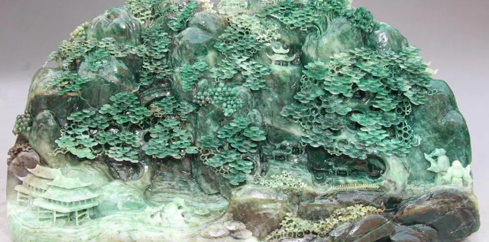 

15"Dushan Green Jade Mountain Water Landscape Scenery Old Man Ting Yuan Statue