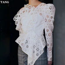Tang Женская белая ажурная кружевная блузка Ранняя осень новая сексуальная с открытыми плечами необычная блузка с принтом на молнии с длинным рукавом Блузка. A