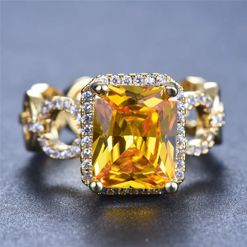 

2019 New Women Big Yellow Gold Finger Ring Vintage Wedding Bands Large Yellow Green Blue Stone Ring Promise Love Engagement Ring