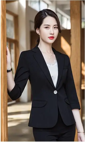 Женский костюм пальто 3/4 рукав одна кнопка тонкий шикарный Блейзер весна лето Дамская мода повседневная Рабочая верхняя одежда брюки костюмы для женщин - Цвет: black coat