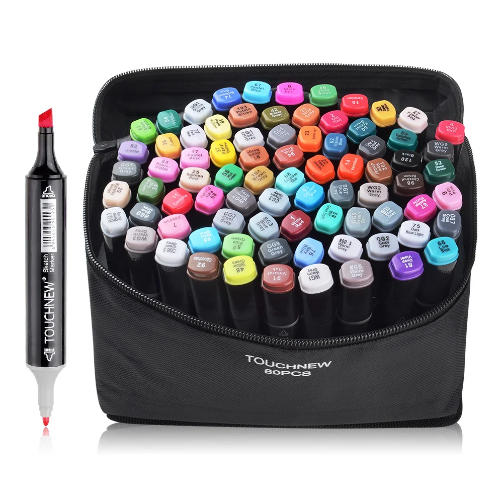 

TOUCHNEW Dual Head Markers Watercolor Alcohol Based Marker Pen Animation Manga Design 80 Color Set Black Body