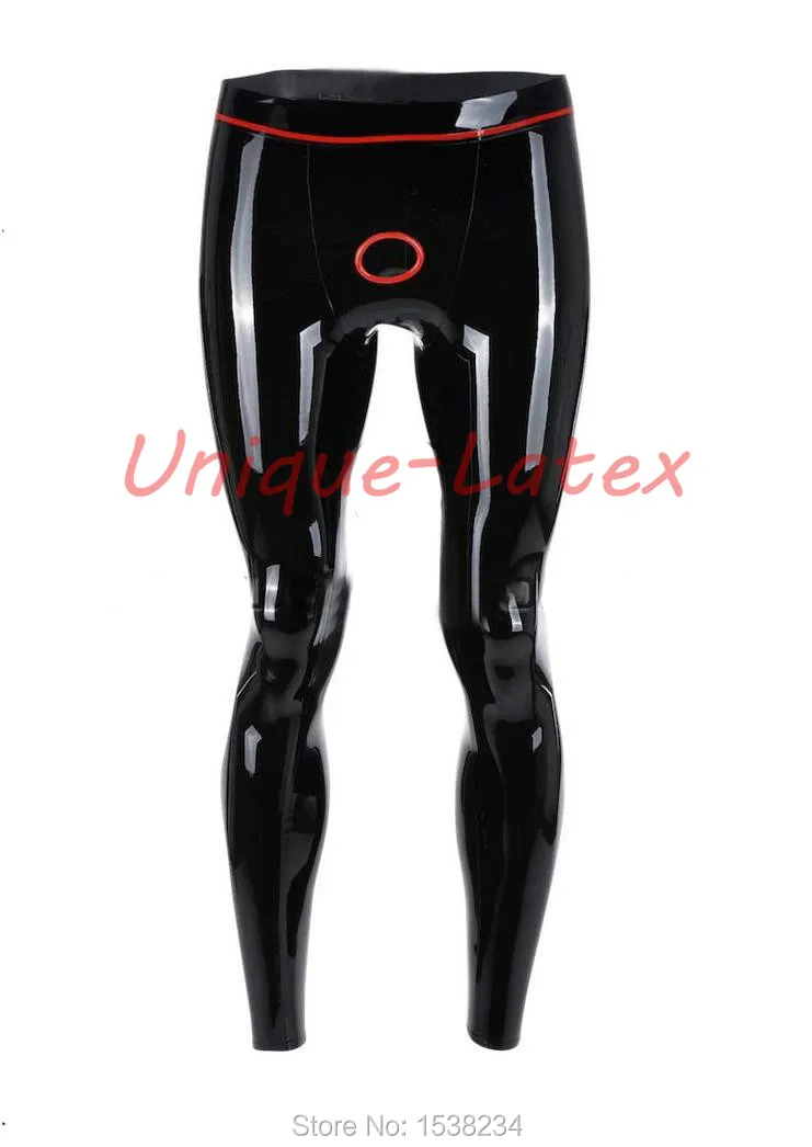 

Latex Leggings Men Rubber Latex Trousers Ring Hole With Trims Customized