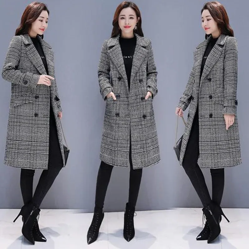 

High Quality Autumn Winter Women Plaid Coat Fashion Warm Long Jacket Designer Long Sleeves Outwear Pocket Double Breasted Thic