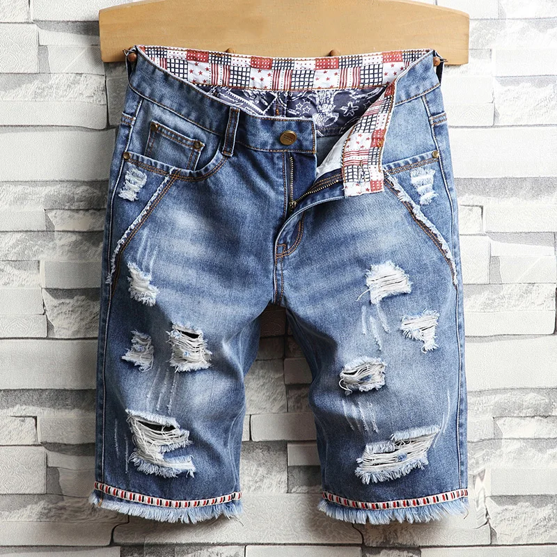 Летние новые винтажные рваные мужские джинсы синего цвета Короткие уличные бермуды в стиле хип-хоп повседневные Прямые шорты из джинсовой ткани размер 28-40
