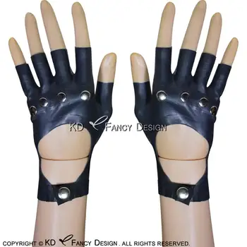 

Black Sexy Short Latex Gloves With Buttons And Rivets And Holes Rubber Mittens Rubber Mitts Gloves ST-0028