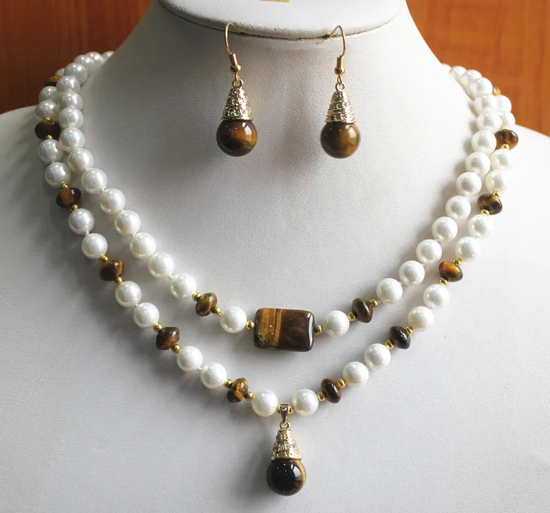 

Prett Lovely Women's Wedding 2 styles! Wholesale 2 rows 8mm shell pearl/gem lady's nice necklace+14mm pearl earring and necklac