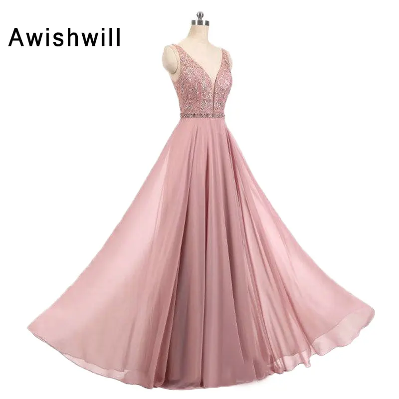

Sexy Long Evening Dress Deep V-neck Beading Lace Chiffon Open Back Floor Length Women Party Dress Robe de Soiree Longue 2019