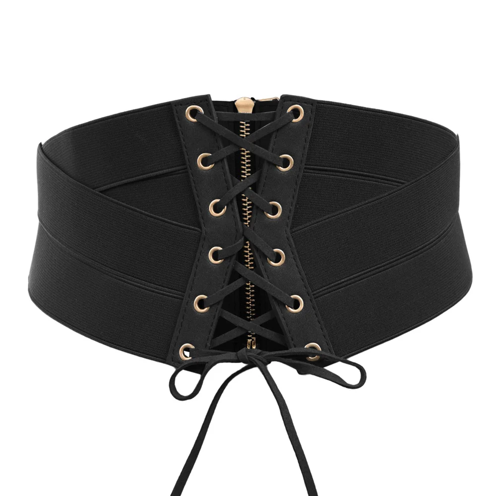 Новые модные стильные широкие ремни женские Ретро Винтажные одноцветные на шнуровке эластичные Стрейчевые поясные пояса женские - Цвет: Black