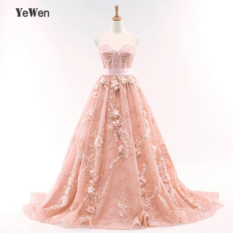 

YeWen Beast Shape Peach Color High quality Long Evening Dress 2018 3D Flowers Lace Formal Evening Gowns robe de soiree