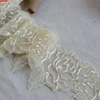 

6meters/lot 9.8cm Beige Floral Embroidery Lace Fabric ,dress, garment accessories