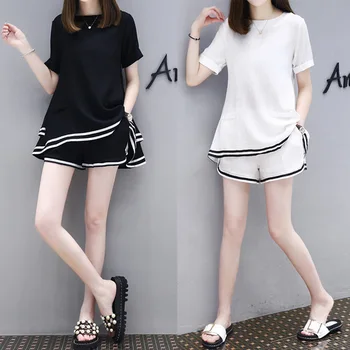 

Casual Pullover Shorts Set O-neck Patchwork Two Piece Set Top And Pants Fashion Loose Survetement Femme 2 Piece