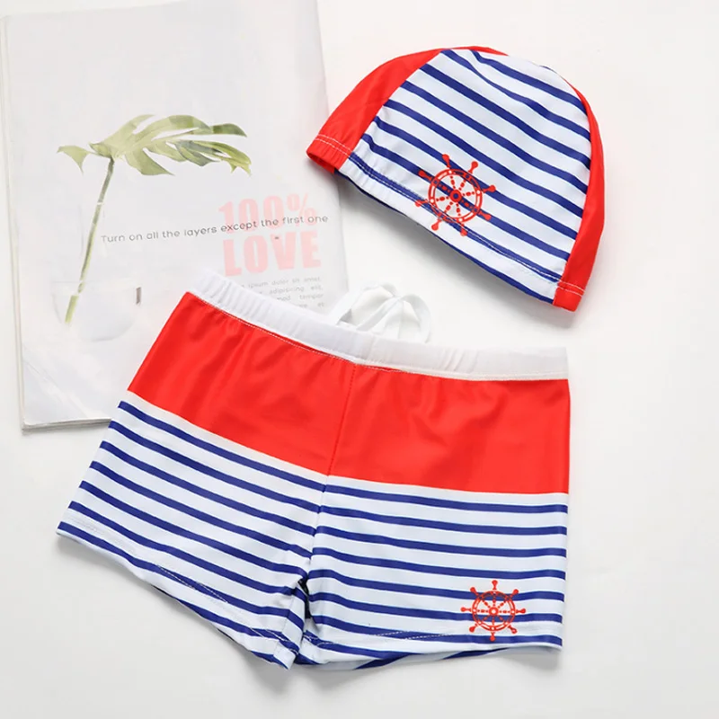 new stripe red blue kids baby boy swimwear beach board swim trunk cap