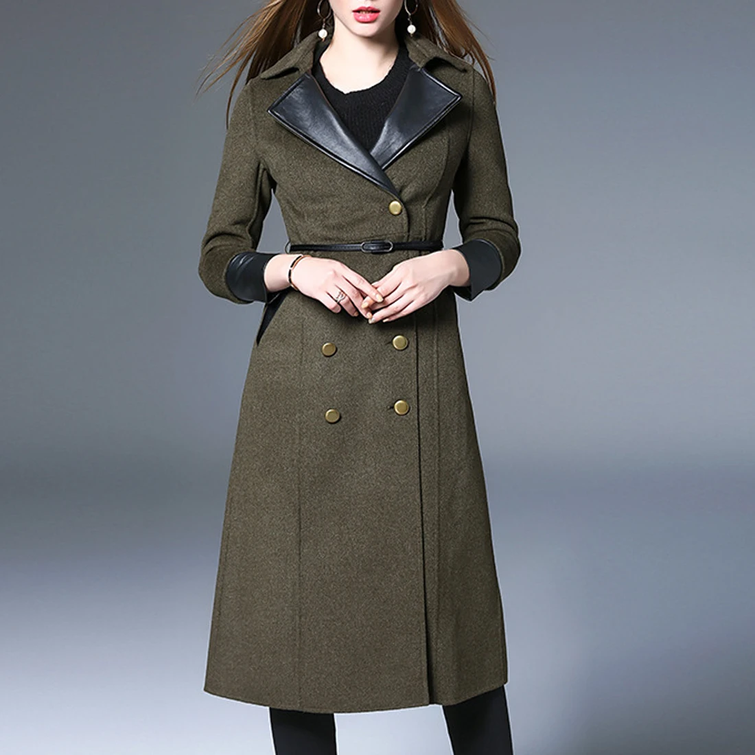 

2017 Spring Autumn and Winter women new wool coat belt fashion long coat leather turn-collar jacket women casacos feminino
