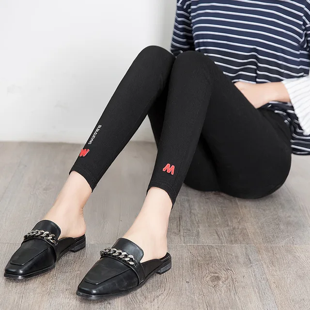 Aselnn 2018 Spring Slacks For Women Casual Elastic Waist Letter Embriodered Stretch Female Pencil Pants Trousers Plus Size 1