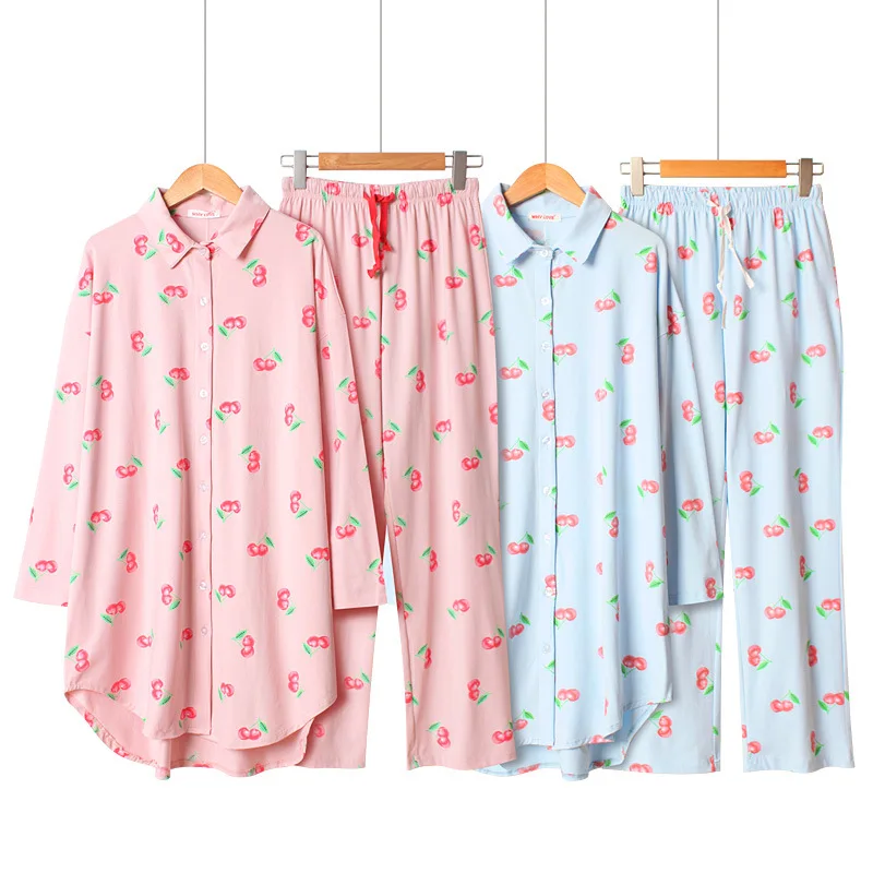 Летние хлопковые брюки с длинными рукавами пижамы для женщин принт вишенок пижамный комплект свободный плюс размер пижамы Длинная тонкая