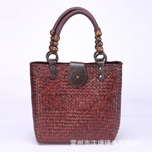 24x28CM 17 Thai Handmade Straw Bag Women's Retro Fashion Rattan Straw Handbag Beach Bag   A4775