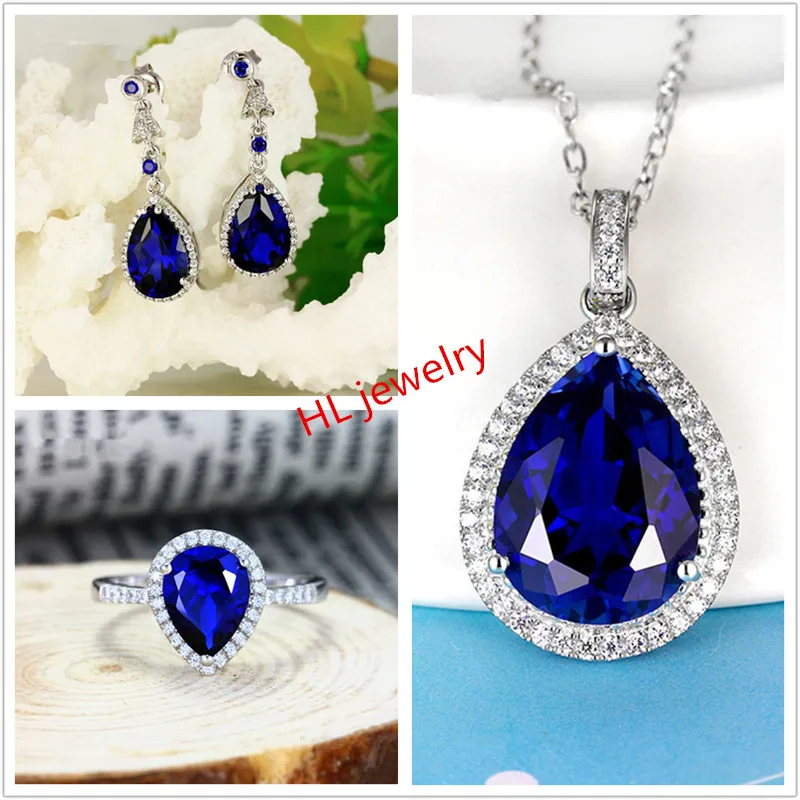 

Necklace Jewelry sets 925 Silver Water Drop Blue Corundum Pendant Necklaces/Rings/Earrings For Women Blue Corundum Jewelry sets