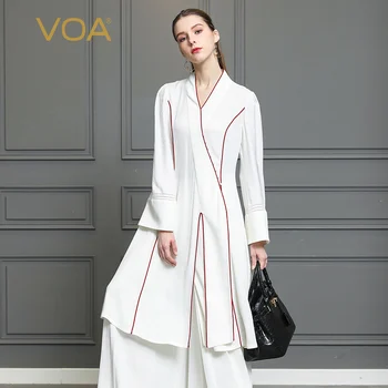 

VOA Heavy Silk White Women Tops Kimono T Shirt Chinese Style Tee Vintage Harajuku Flare Long Sleeve Casual Pearl Clasp B312
