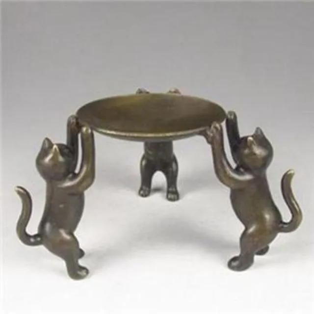 

decoration bronze factory Pure Brass Antique Elaborate China Old Copper Cats Statue Lucky Bring Wealth Auspicious Candlestick