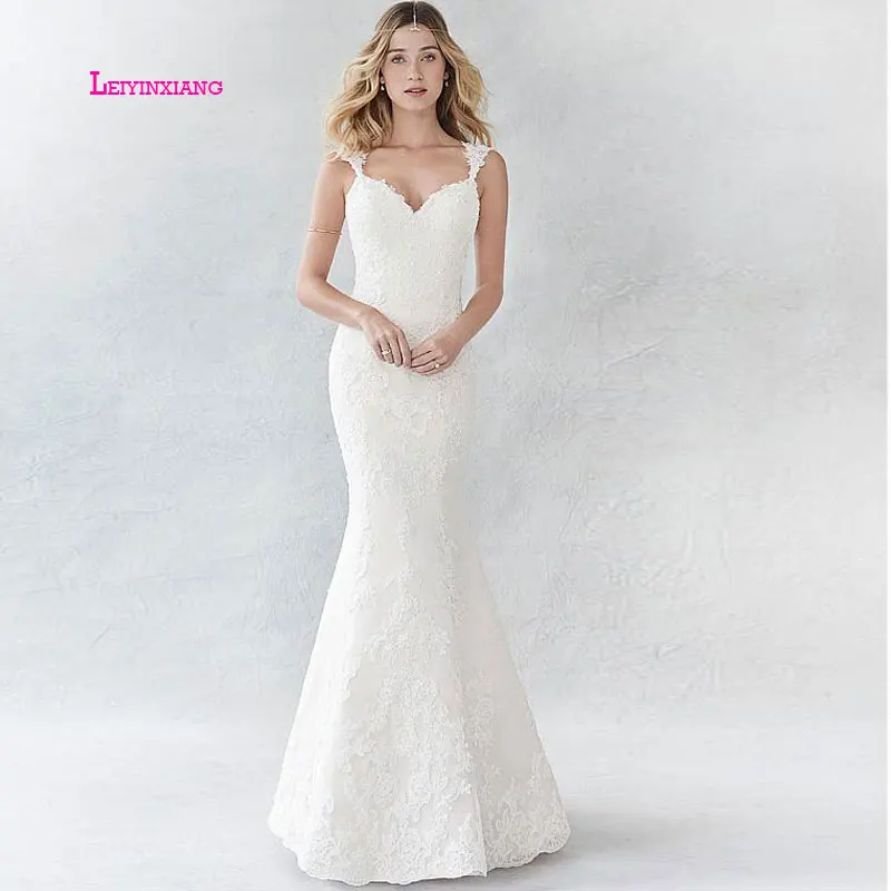 

LEIYINXIANG Elegant Luxury New Arrival Wedding Dress Vestidos De Noiva Sexy Mermaid Sleeveless Backless V-Neck Appliques Lace