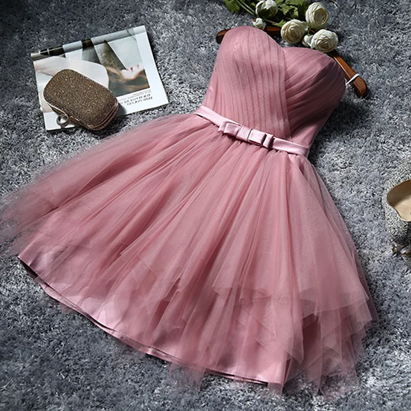 

Elegant Bean Sand Tulle V Neck Bridesmaid Dresses Short 2018 New Sexy One Shoulder Bridesmaid Dress robe demoiselle d'honneur