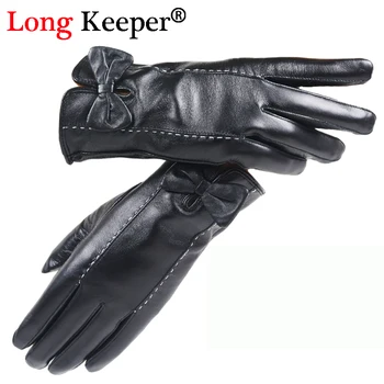 

Long Keeper Women's Genuine Leather Gloves Touch Screen luva Real Sheepskin Winter Warm Driving luvas Black Butterfly Gloves 281