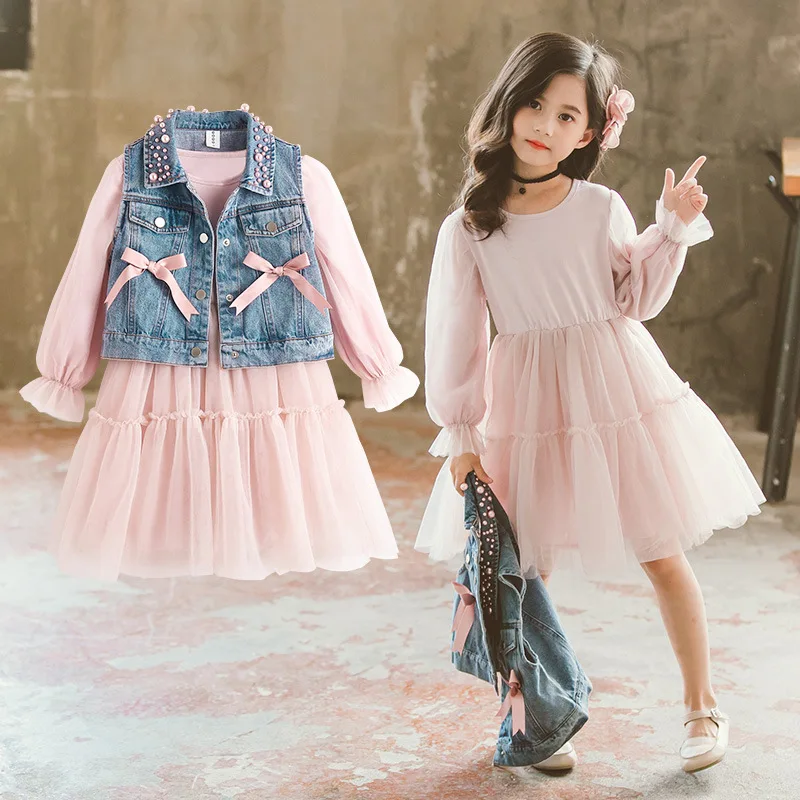 Весенние комплекты одежды для маленьких девочек джинсовый жилет с жемчужинами+ платье-пачка детская одежда для девочек комплекты принцессы для дня рождения