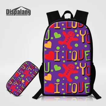 

Fashion Art Bookbag for Teens High Class Student I Love You Letter Printing Rucksack 2pcs/set Women Backpack With Pencil Case