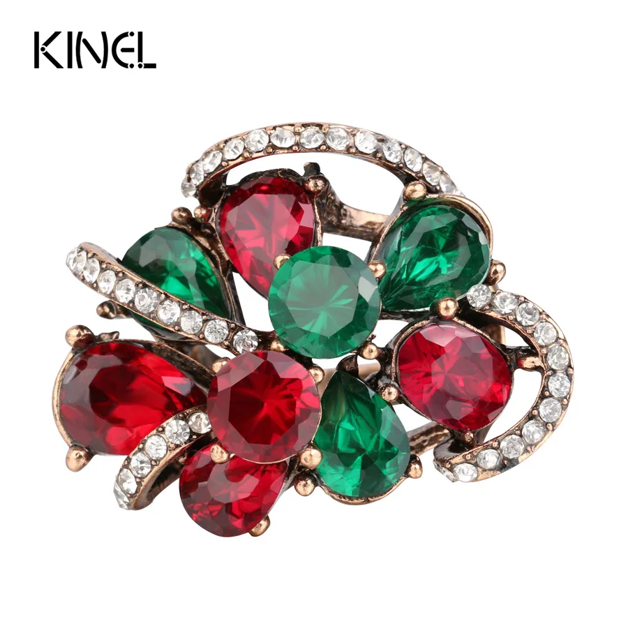 Luxury Antique Rings For Women Color Gold Crystal Flower Ring Multiple Layers Resin Party Anel Aneis Vintage Jewelry