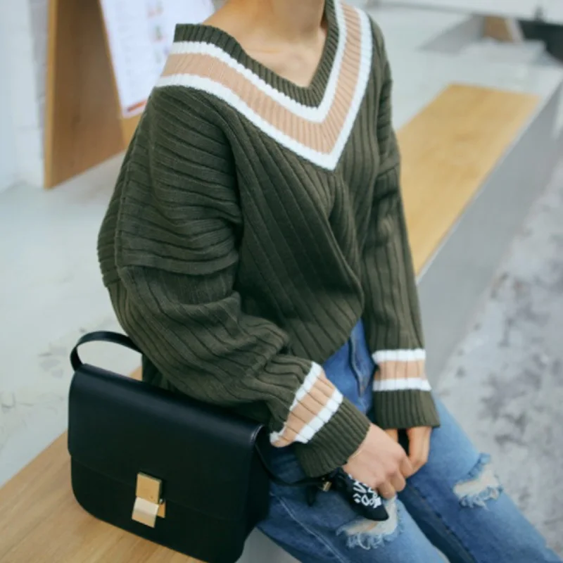 

2018 Autumn Winter Oversized Sweaters Women Retro Large V-neck Loose Striped Long-sleeved Pullovers Female Knitted Long Sweaters