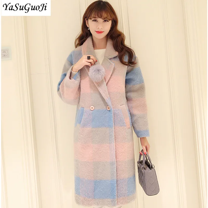 New 2017 winter sweet style fashion blue and pink contrast color double breasted plaid woollen coat women doudoune femme NDY24