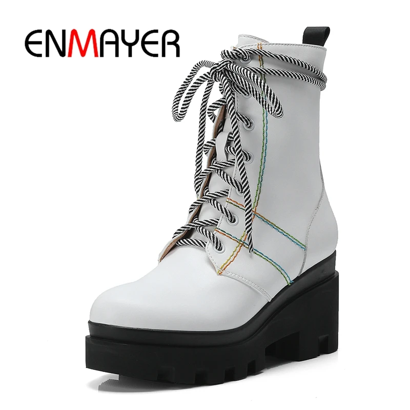 

ENMAYER Women Ankle boots platform lace up marten boots women solid round toe ankle boots Size 34-39 ZYL997