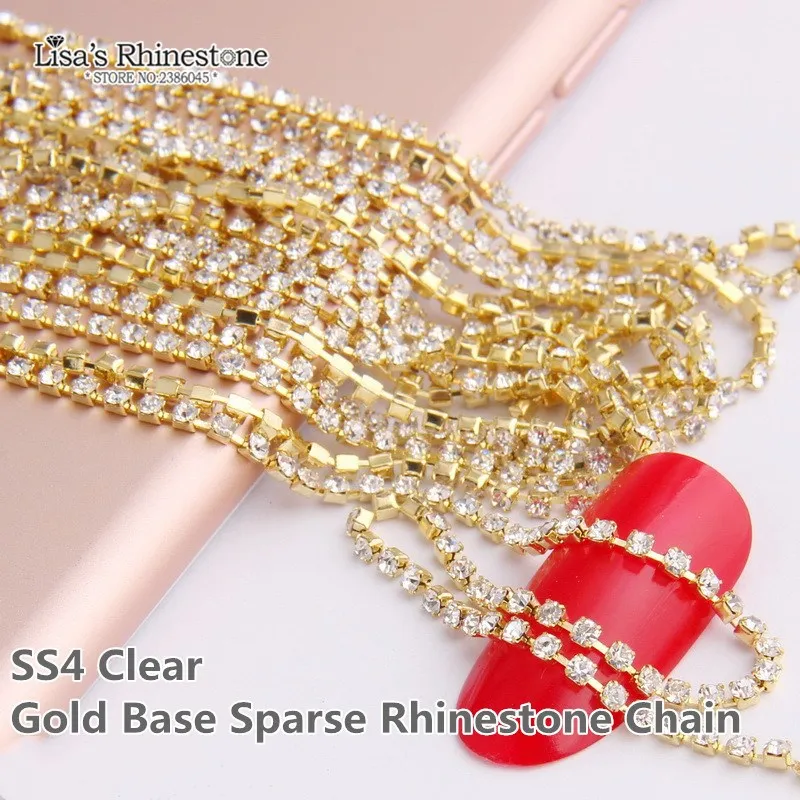 

Mini AAA+ Top Quality SS4 2.7meters Crystal Clear Gold Silver Base Sparse/Close Chain Nail DIY Wedding Applique Dresses