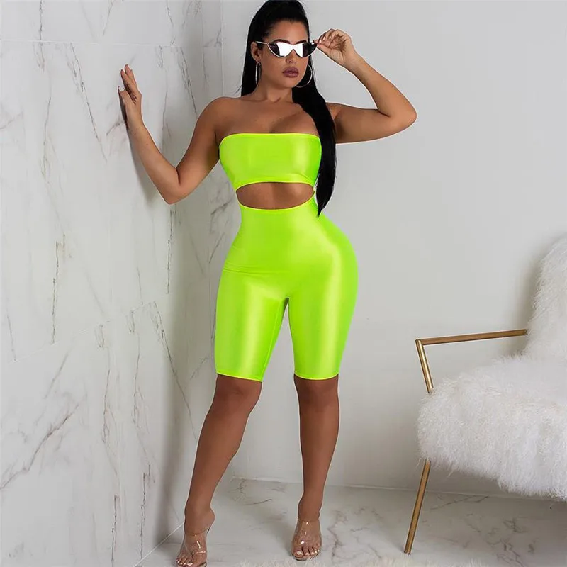 

Auyiufar cut out jumpsuits sexy sports women Neon green cycling strapless backless body tight 2019 one piece bodysuits